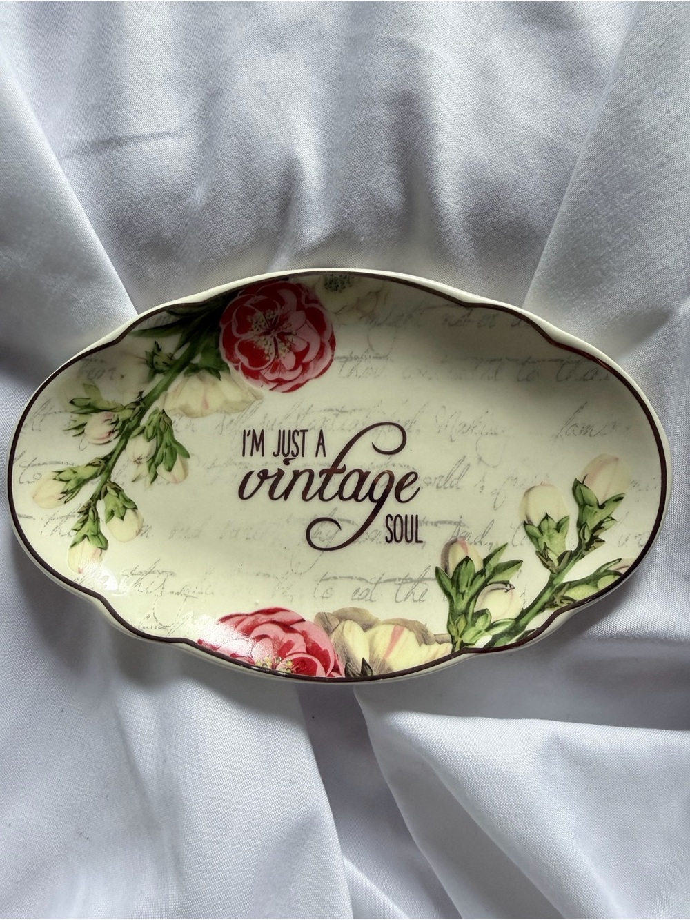 Floral Oval Trinket Tray — Cream and Pink